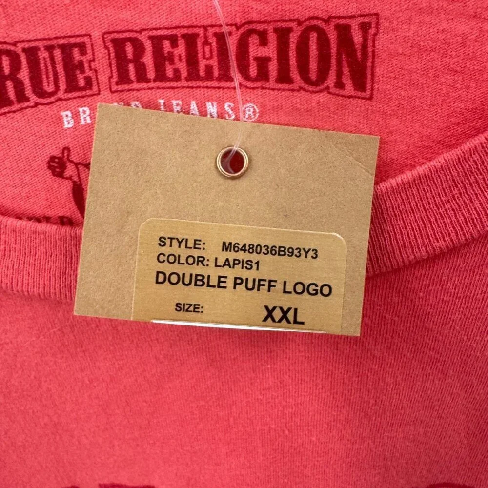 True Religion Red Puff Logo T-Shirt Mens 2XL Made In USA Graphic Buddha Design